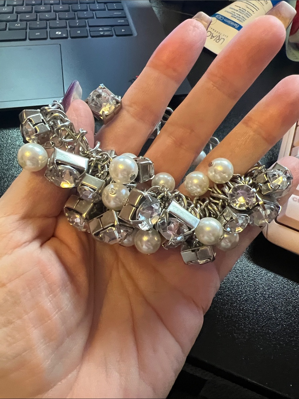 Silver-Tone Pearl & Crystal Charm Bracelet